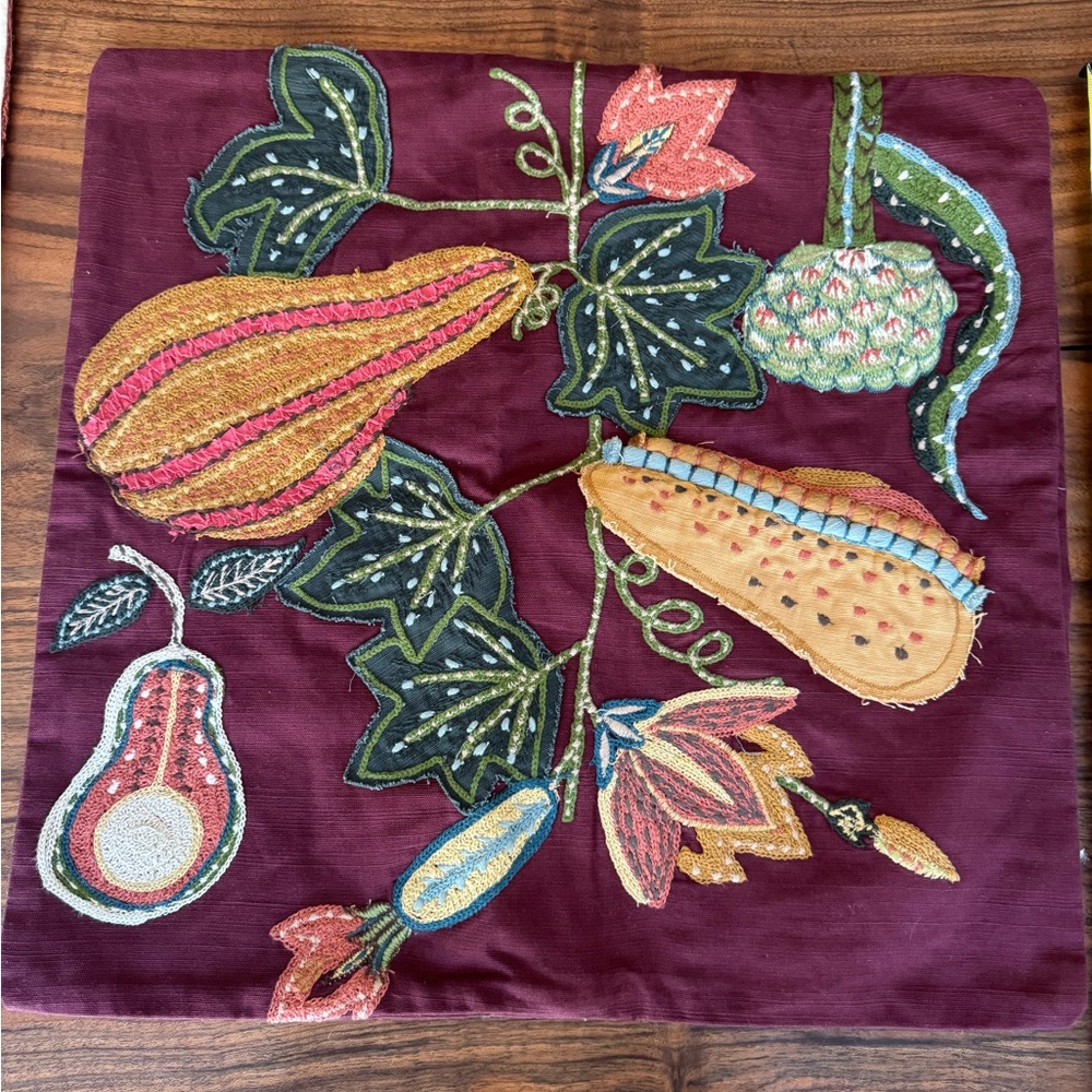 Pottery Barn Embroidered Floral Euro Pillow Sham Burgundy Cotton Button Closure